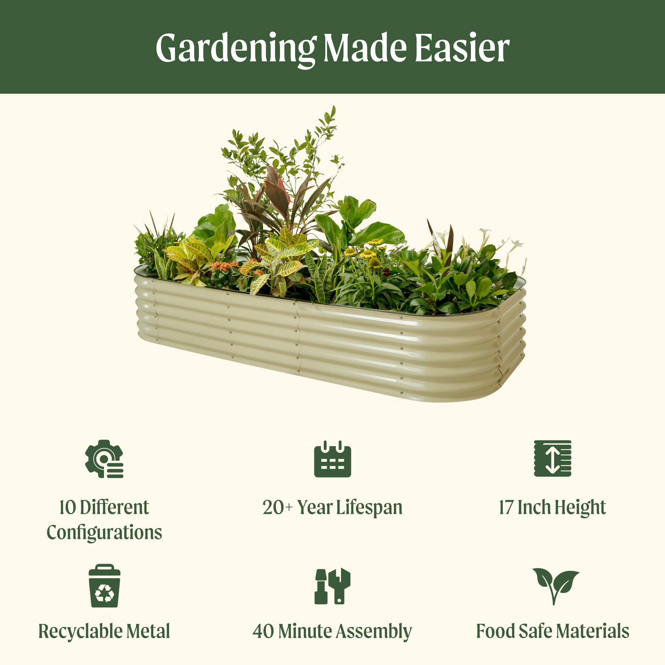 17" Tall 10-In-1 Jumbo Modular Metal Raised Garden Bed Kit