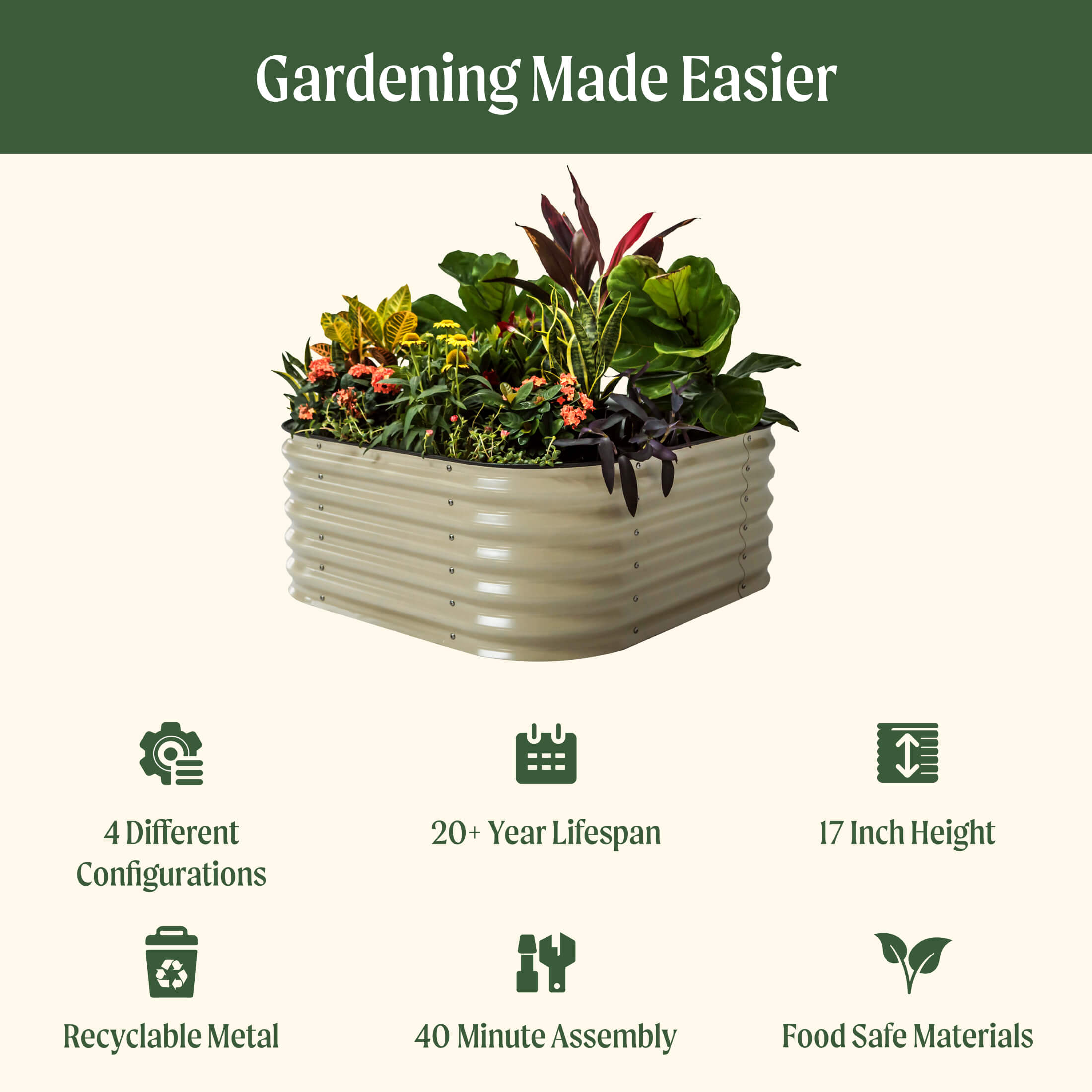 17" Tall 4-In-1 Small Modular Metal Raised Garden Bed Kit