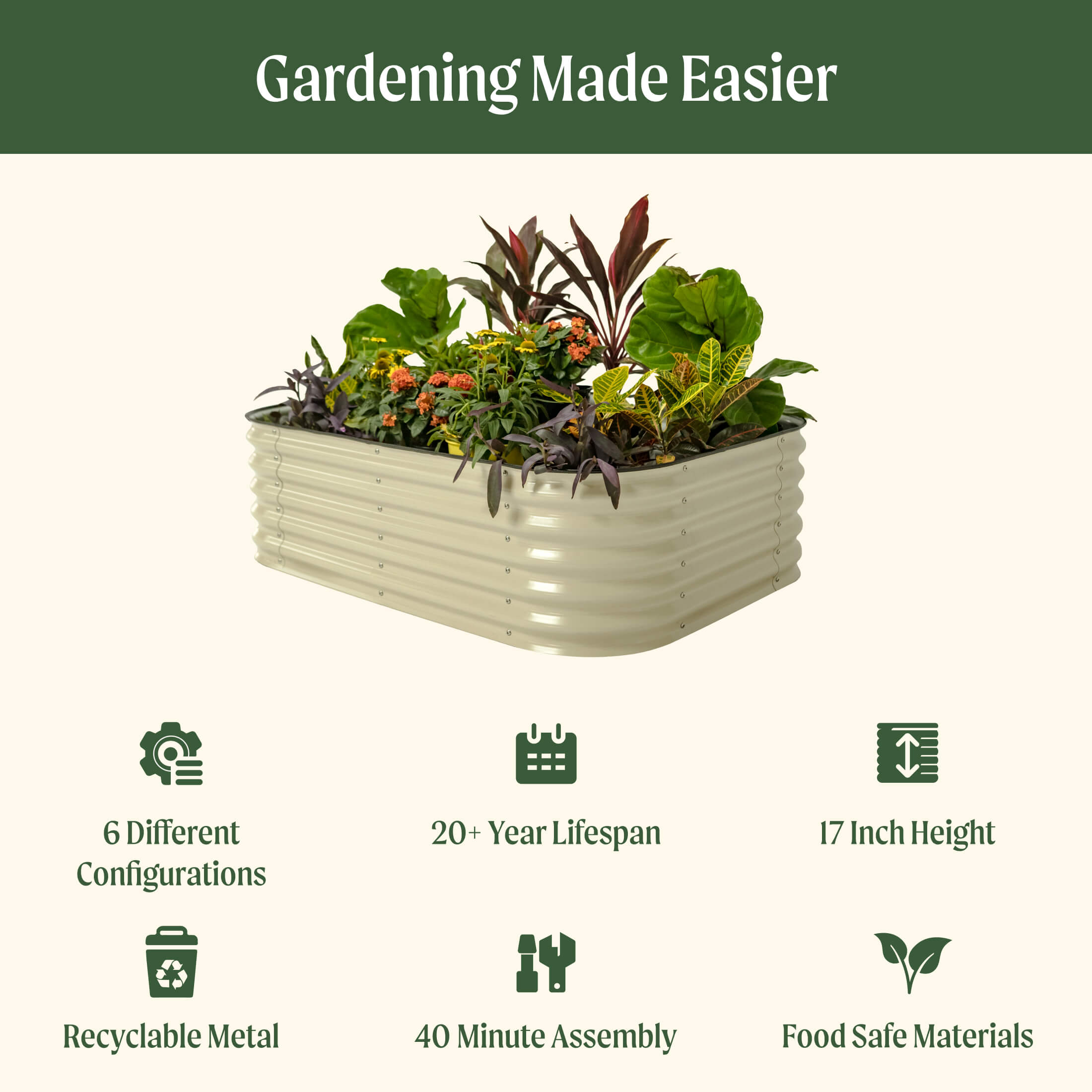 17" Tall 6-In-1 Medium Modular Metal Raised Garden Bed Kit